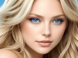 AI generated A woman with wavy glossy hair and stunning blue eyes ai generate photo