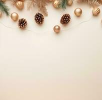 AI generated beige background with christmas ornaments, christmas garland and pine cone, photo