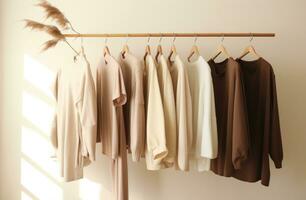 AI generated beige, gold, taupe and black clothing hangs on a wall photo