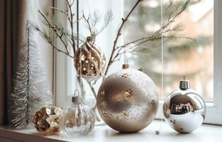 AI generated beautiful apartment with green and grey christmas decorations photo