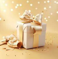 AI generated Christmas present with gold ribbon and decorations photo