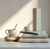 AI generated books, coffee and a white stone, photo