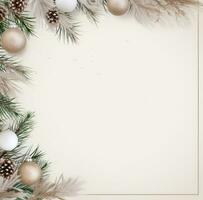 AI generated christmas ornaments on frame with pine branches on beige wall, png pictures photo