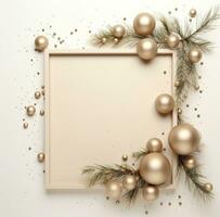 AI generated christmas ornaments on frame with pine branches on beige wall, png pictures photo