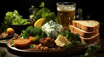 AI generated St. Patrick's Day feasts include a variety of green foods such as corned and cabbage etc. photo