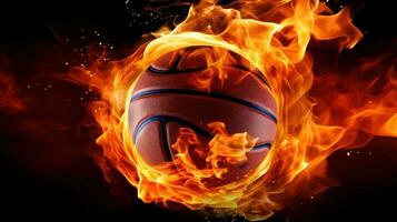 ai generado un llamativo imagen de un baloncesto pelota en fuego, foto