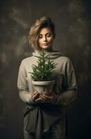 AI generated a young lady is holding a small pot of christmas tree photo