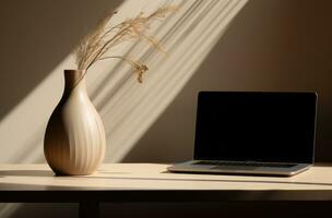 AI generated an empty vase and a laptop on top of a table photo