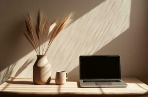 AI generated an empty vase and a laptop on top of a table photo