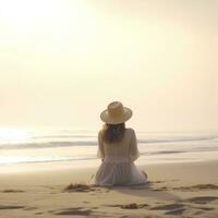 ai generado un mujer en blanco en un Oceano ver sombrero se sienta en el playa foto