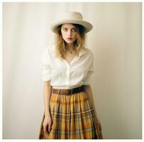 ai generado un mujer vistiendo un sombrero y tartán falda, foto