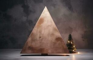 AI generated a wooden christmas tree in front of a cement backdrop photo