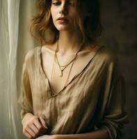 AI generated a woman wearing a gold necklace and blouse, photo