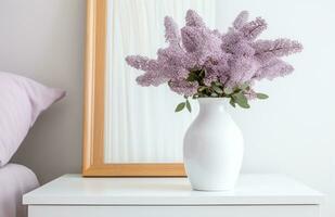 AI generated a white vase with lilas are sitting on top of a dresser table photo