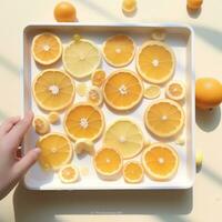 AI generated a white tray containing fruit pieces with many oranges photo