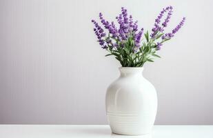 AI generated a white vase with lilas are sitting on top of a dresser table photo