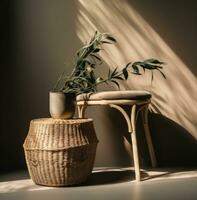 AI generated a wicker basket sitting on a small stool with a grass plant photo