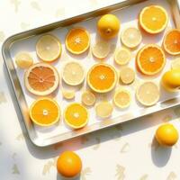 ai generado un blanco bandeja conteniendo Fruta piezas con muchos naranjas foto