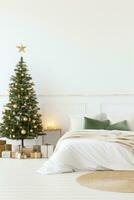 AI generated a white bedroom with a christmas tree and decorations are arranged in a rustic way photo