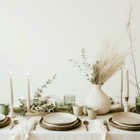 AI generated a white table set with greens, bowls and candles, photo