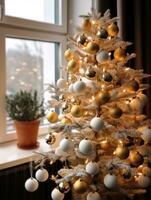 AI generated a white christmas tree with ornaments hanging around it, photo