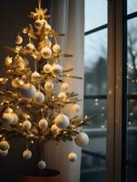 AI generated a white christmas tree with ornaments hanging around it, photo