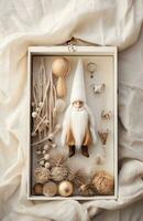 AI generated a white presentation box and wooden gnome decoration photo