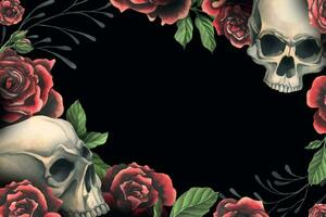 Human skulls realistic with black and red roses, green leaves and black branches. Hand drawn watercolor illustration. Creepy frame, template for decoration and design on a black background. Vector EPS