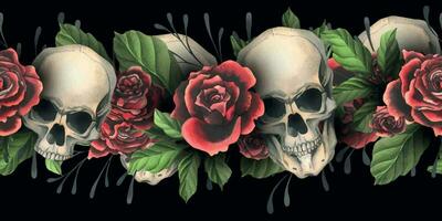 Human skulls realistic with black and red roses, green leaves and black branches. Hand drawn watercolor illustration. Dark, creepy seamless board for decoration and design Vector EPS