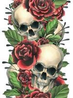 Human skulls realistic with black and red roses, green leaves and black branches. Hand drawn watercolor illustration. Creepy seamless board for decoration and design Vector EPS