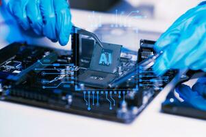 Ai chipset on circuit board in futuristic concept suitable for future technology artwork , Responsive web banner CPU photo