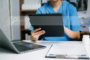 Search bar of internet browser and doctor working on modern laptop at table. business web bar banner, business and technology photo