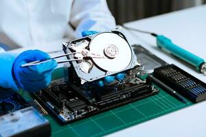 Electronics technician, electronic engineering electronic repair, electronics measuring and testing, repair and maintenance concepts.uses a voltage meter to check and upgrade in shop photo