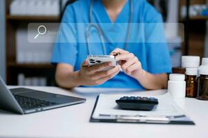 Search bar of internet browser and doctor working on modern laptop at table. business web bar banner, business and technology photo