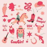 Wild west cowgirl set. Western Flat design set pink colors in the cowgirl style vector