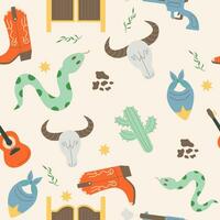 Wild west seamless pattern with snake, cactus, cow skull, boots vector