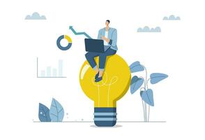 Creativity and inspiration lead to success in work, Ideas about innovation and how to create opportunities for companies to grow and prosper, Businessman sitting and working on a big light bulb. vector