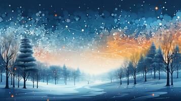 AI generated winter landscape with snow and mountains covered tree background photo