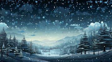 AI generated winter landscape with snow and mountains covered tree background photo