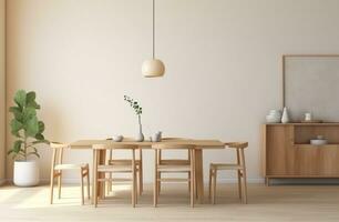 ai generado un sencillo comida habitación con de madera mueble foto