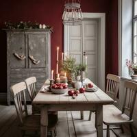 ai generado un habitación con de madera muebles, Navidad decoraciones, y mesa, ligero gris, auténtico detalles foto