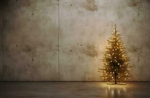 ai generado un pequeño Navidad árbol con luces en frente de un feo hormigón muro, foto