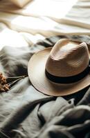 AI generated a straw hat, sunglasses and a straw bucket hat lying on a white blanket, photo