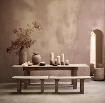 AI generated a rustic dining table with three small stools and some planters, photo