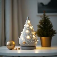 AI generated a small grey and white christmas tree with ornaments photo