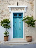 AI generated a small green building with a blue door overlooking the street, photo