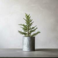 ai generado un pequeño Navidad árbol con luces en frente de un feo hormigón muro, foto