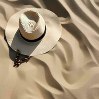 AI generated a sun hat and sunglasses sitting on sand, photo