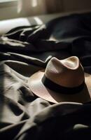 AI generated a straw hat, sunglasses and a straw bucket hat lying on a white blanket, photo