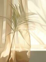 AI generated a palm leaf is shown in a reflection in the glass of a window photo